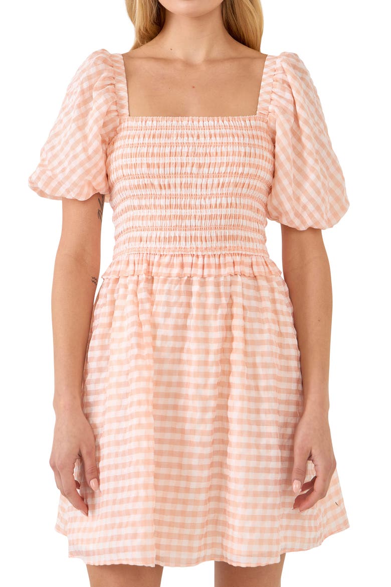 Gingham Smocked Minidress, Alternate, color, WHITE/ CORAL