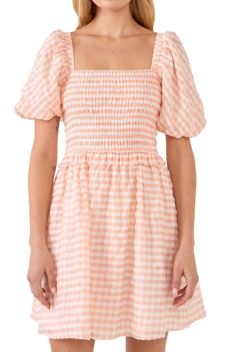 English Factory Gingham Smocked Minidress, Alternate, color, White/ Coral