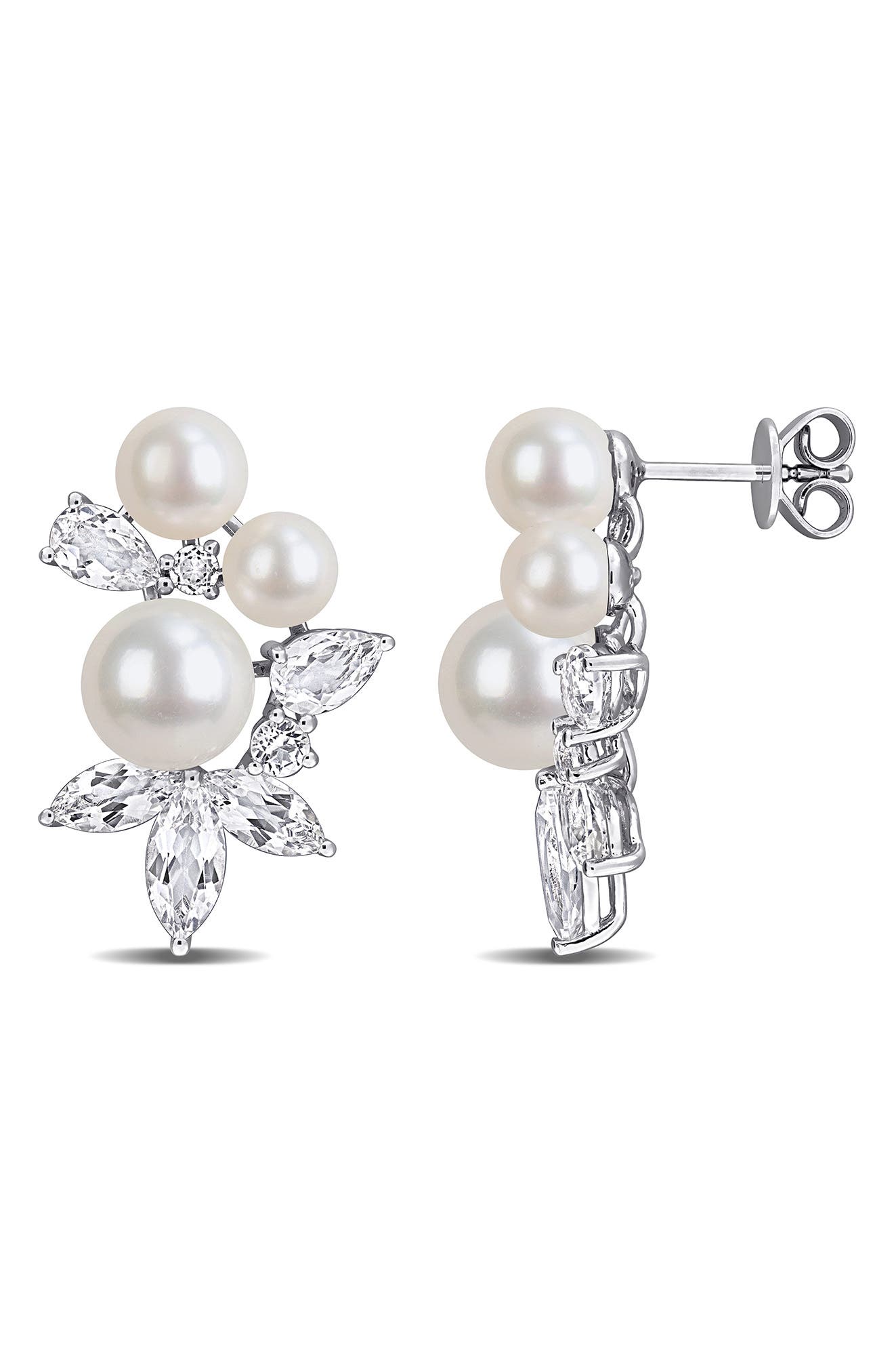 DELMAR Sterling Silver Cultured Pearl & White Topaz Cluster Stud Earrings