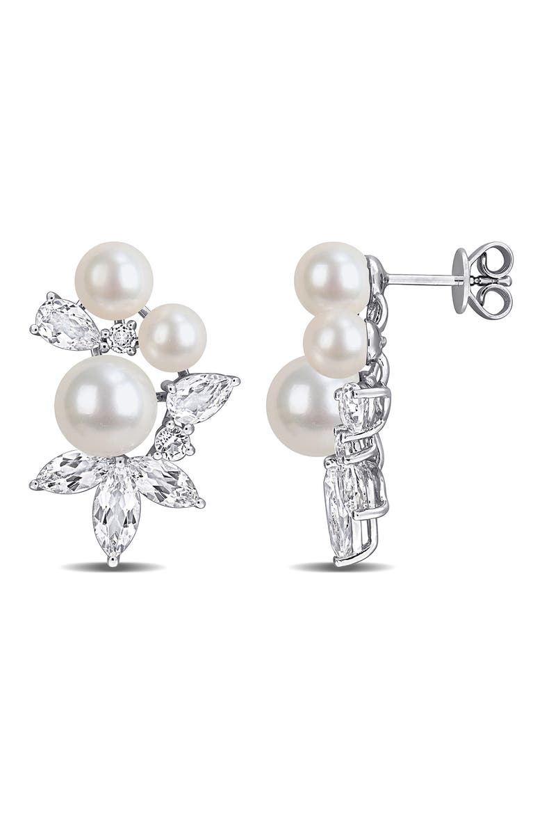 Sterling Silver Cultured Pearl & White Topaz Cluster Stud Earrings, Main, color, WHITE