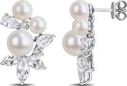 DELMAR Sterling Silver Cultured Pearl & White Topaz Cluster Stud Earrings