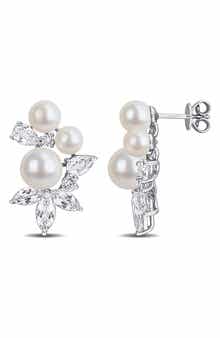 Sterling Silver Cultured Pearl & White Topaz Cluster Stud Earrings