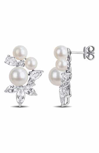 Sterling Silver Cultured Pearl & White Topaz Cluster Stud Earrings