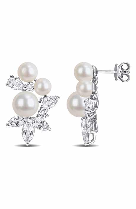 DELMAR Sterling Silver Cultured Pearl & White Topaz Cluster Stud Earrings