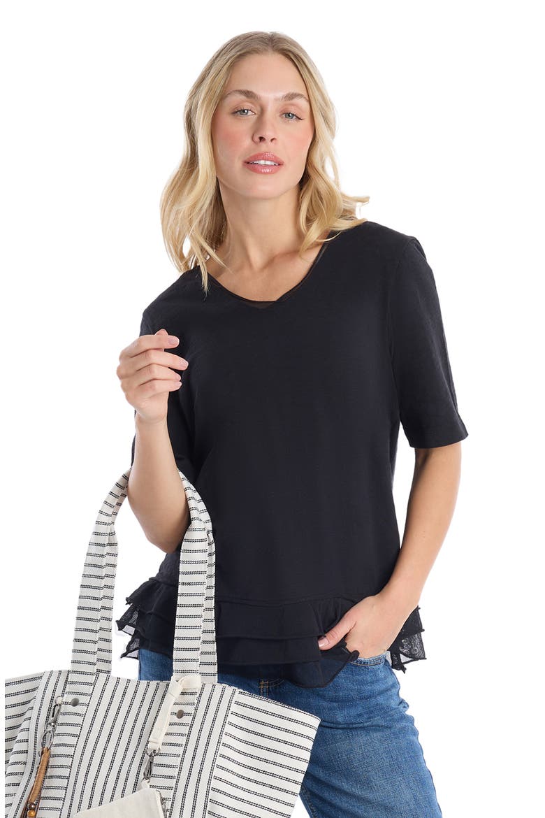 V-Neck Elbow Sleeve Mixed Media Tee, Alternate, color, Black