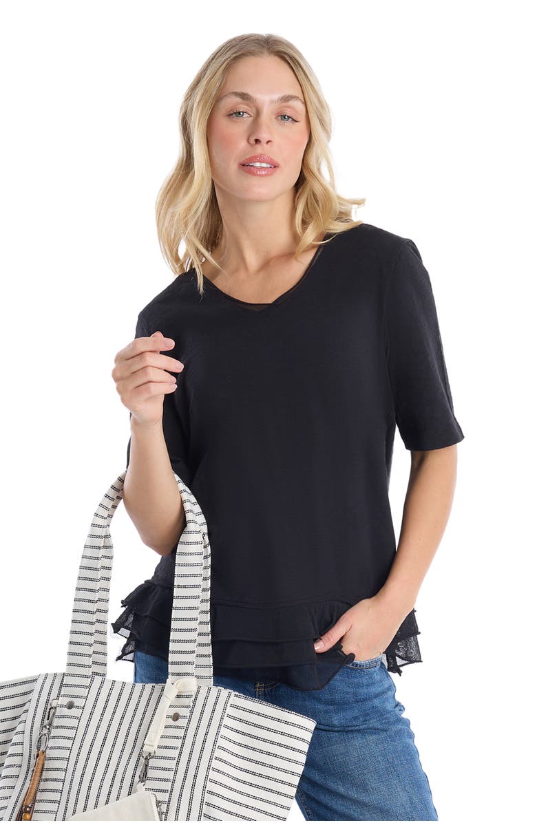 WILT Clothing V-Neck Elbow Sleeve Mixed Media Tee, Alternate, color, Black
