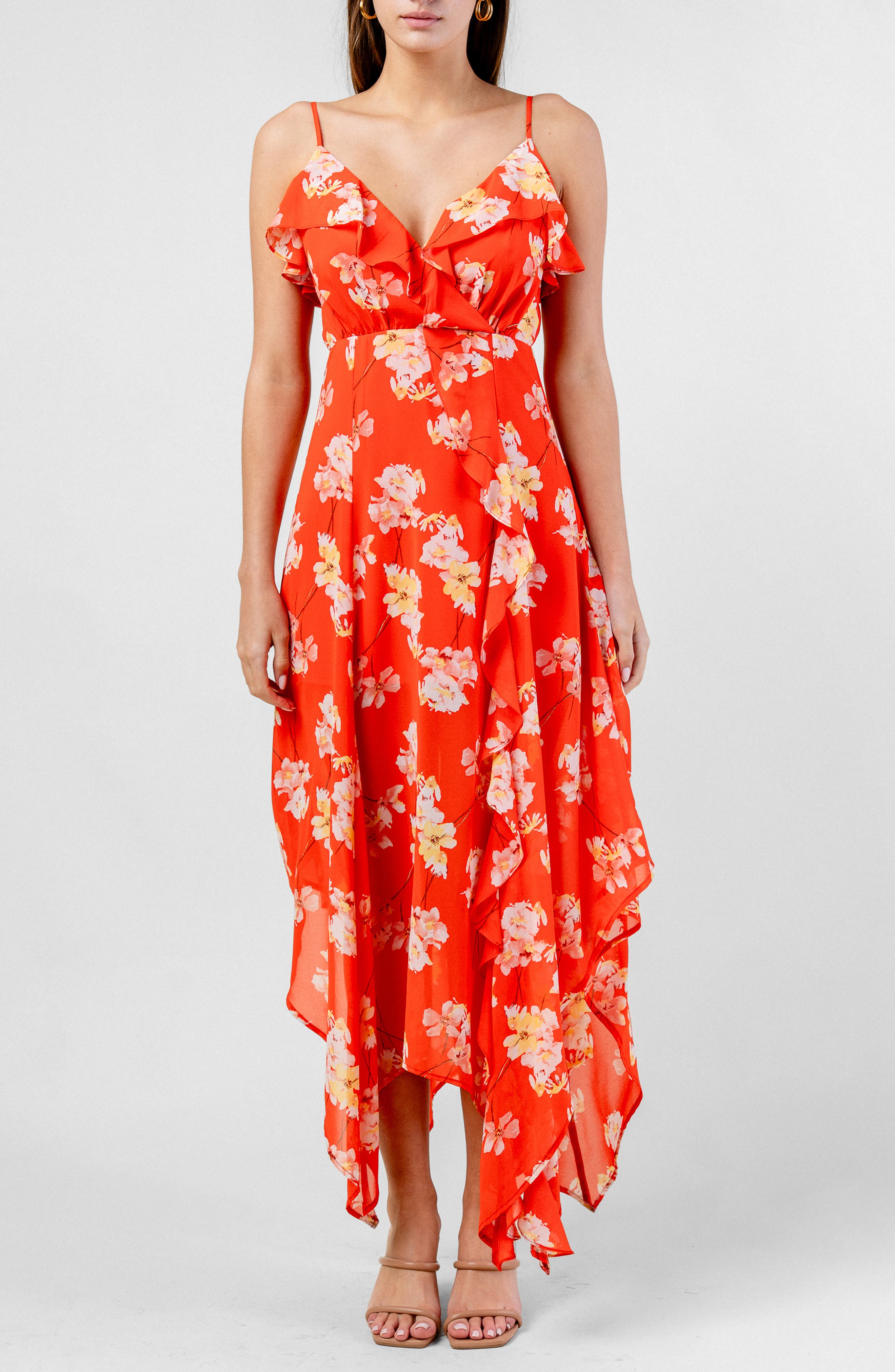Beivy Floral Ruffle Handkerchief Hem Chiffon Maxi Dress (Women ...