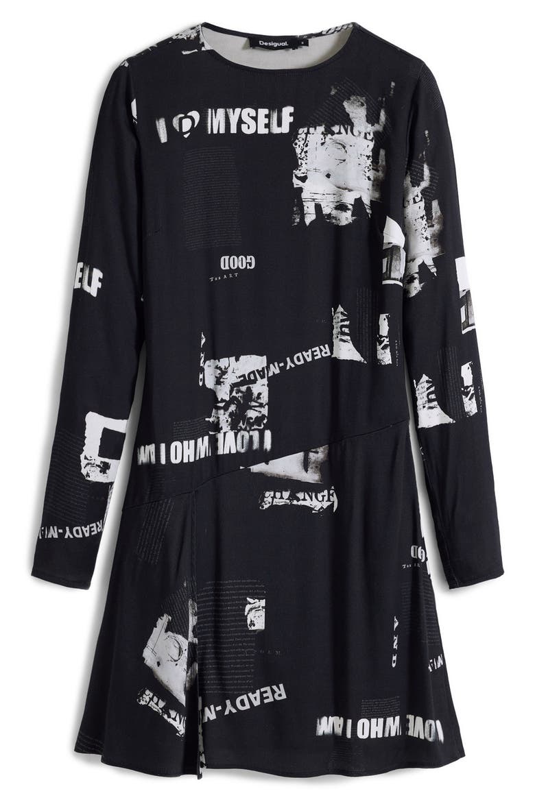 Newspaper Print Long Sleeve Dress, Alternate, color, BLACK