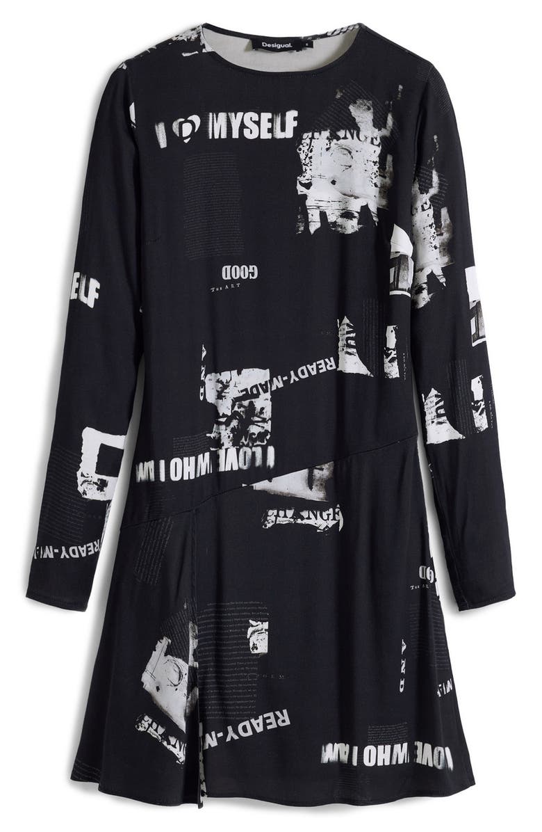 Desigual Newspaper Print Long Sleeve Dress, Alternate, color, Black