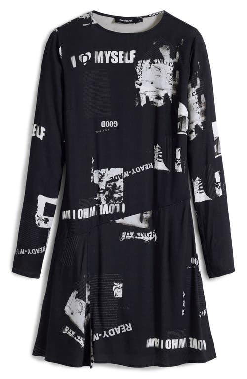 Desigual Newspaper Print Long Sleeve Dress In Black
