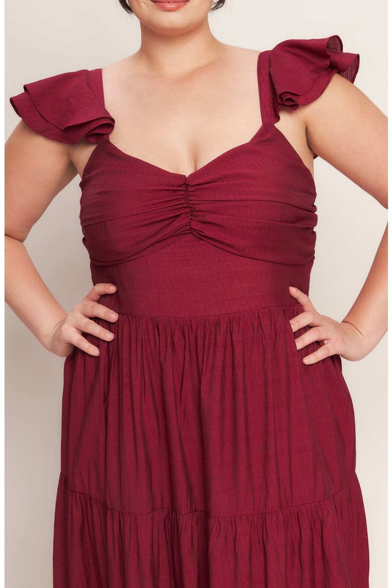 Flutter Cap Sleeve Tiered Maxi Dress, Alternate, color, DEEP RED