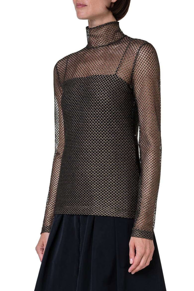 Metallic Stretch Mesh Turtleneck Top, Alternate, color, GOLD-BLACK