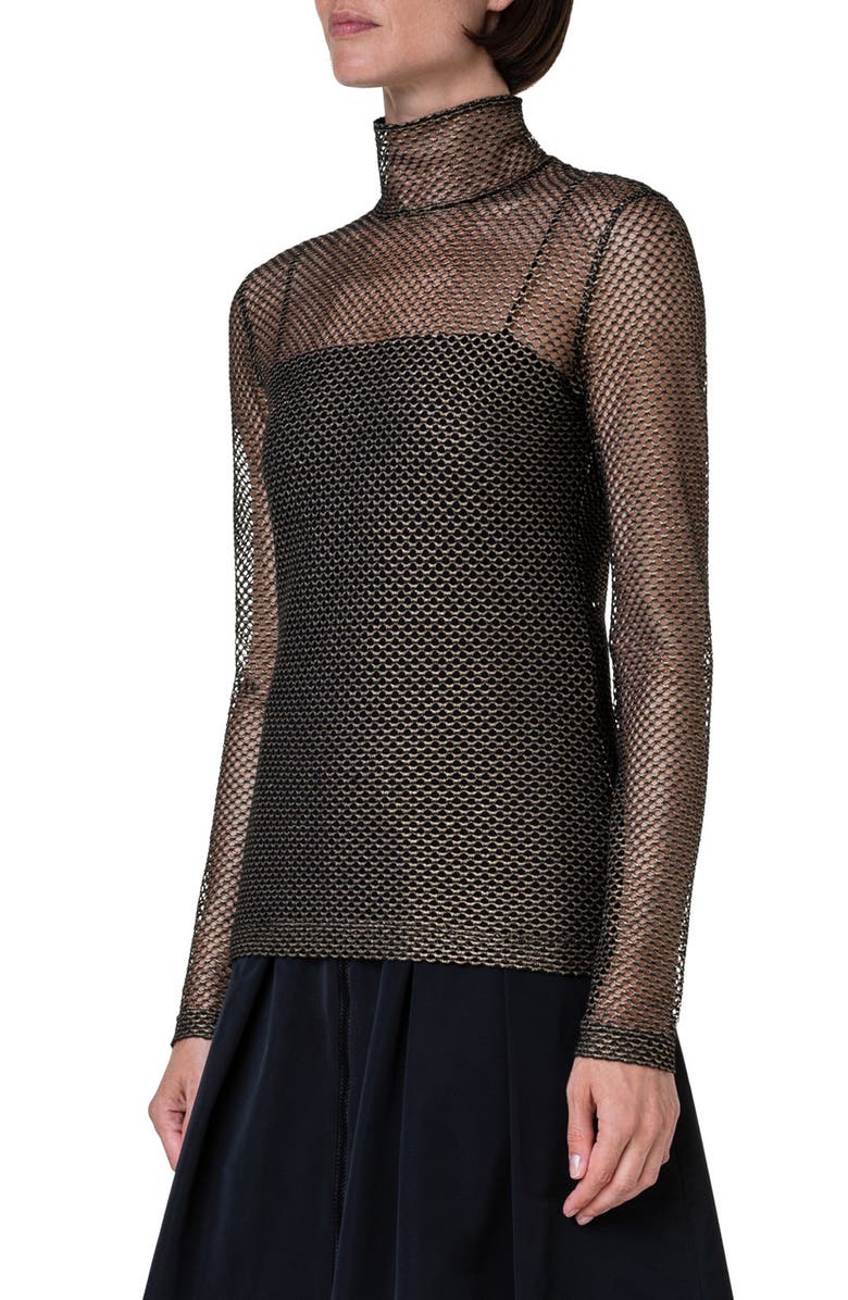 Akris punto Metallic Stretch Mesh Turtleneck Top, Alternate, color,