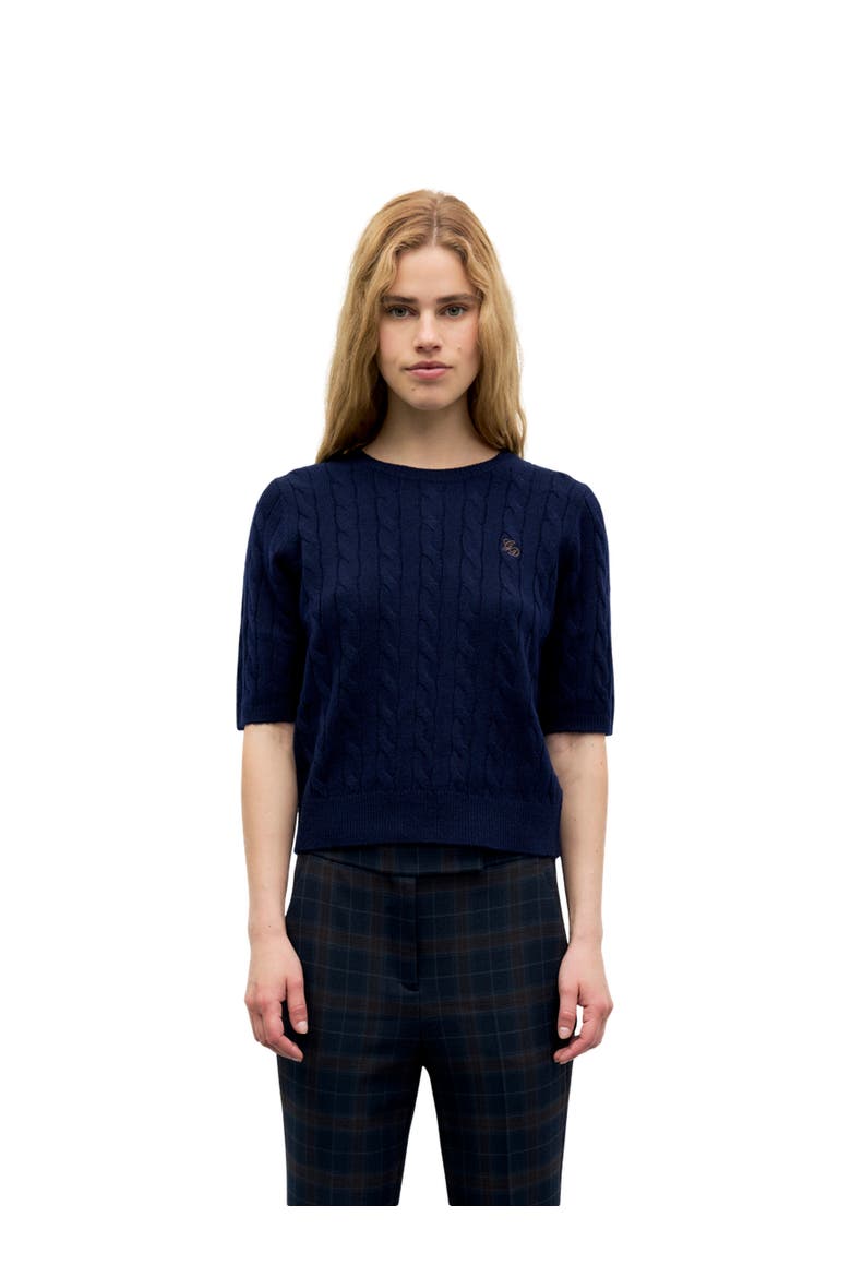 Raisa Cable Knit Short Sleeve Sweater, Main, color, Navy Blue