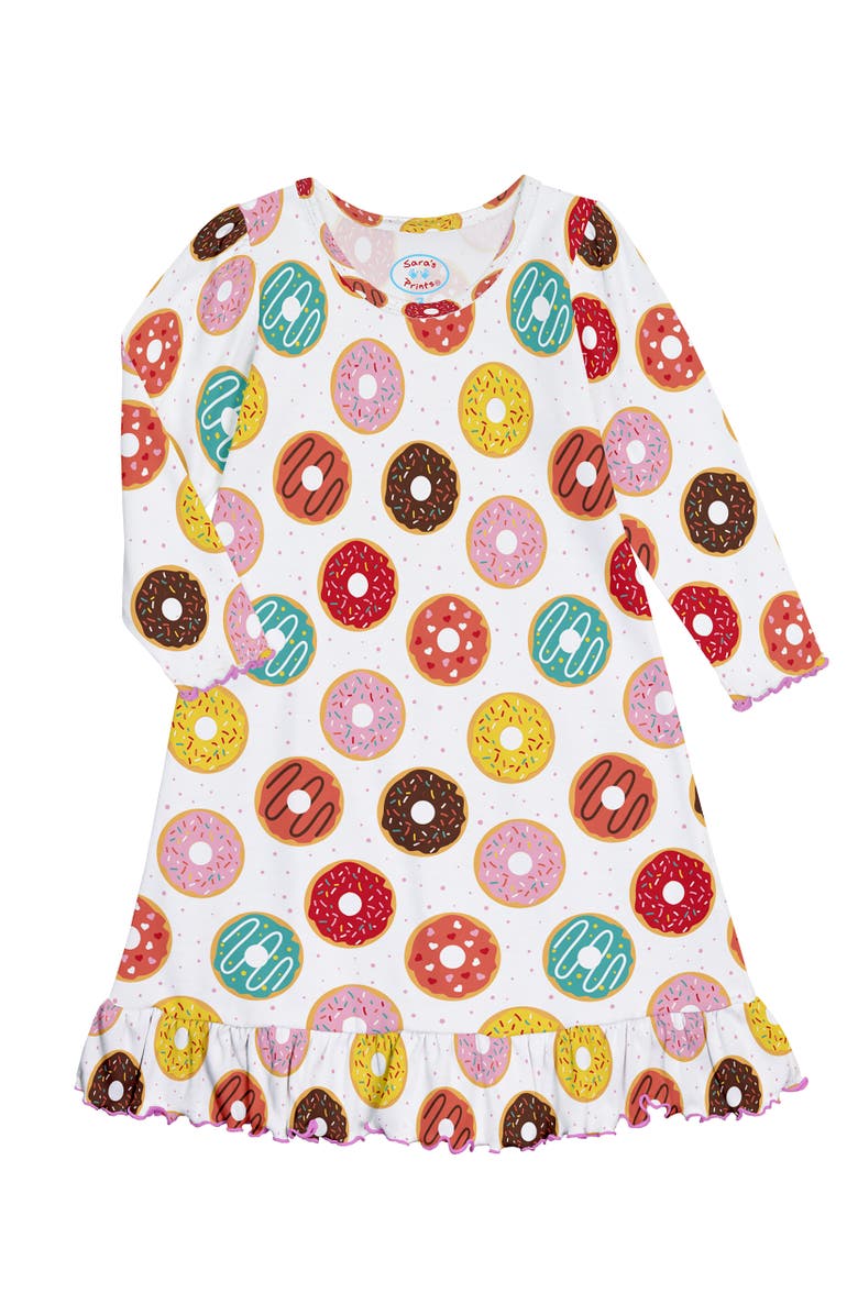 Sara’s Prints Long Sleeve Ruffle Nightgown, Main, color, Donut Party