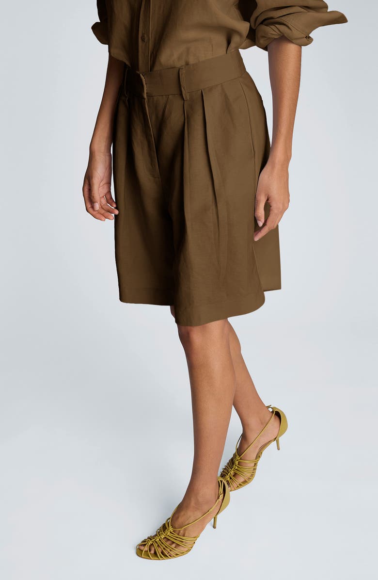 Kenneth Cole Pleated Linen Bermuda Shorts, Alternate, color, Mesquite
