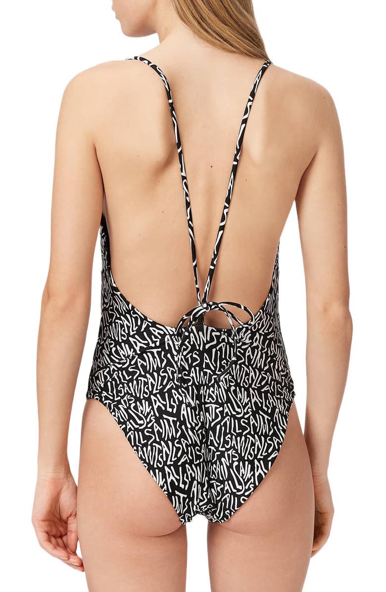 AllSaints Saph V-Neck One-Piece Swimsuit, Alternate, color, Santas Black/ White
