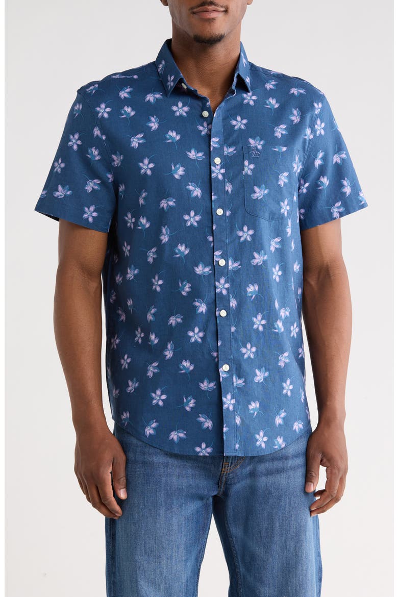 Floral Print Linen & Cotton Button-Up Shirt, Main, color, SARGASSO SEA