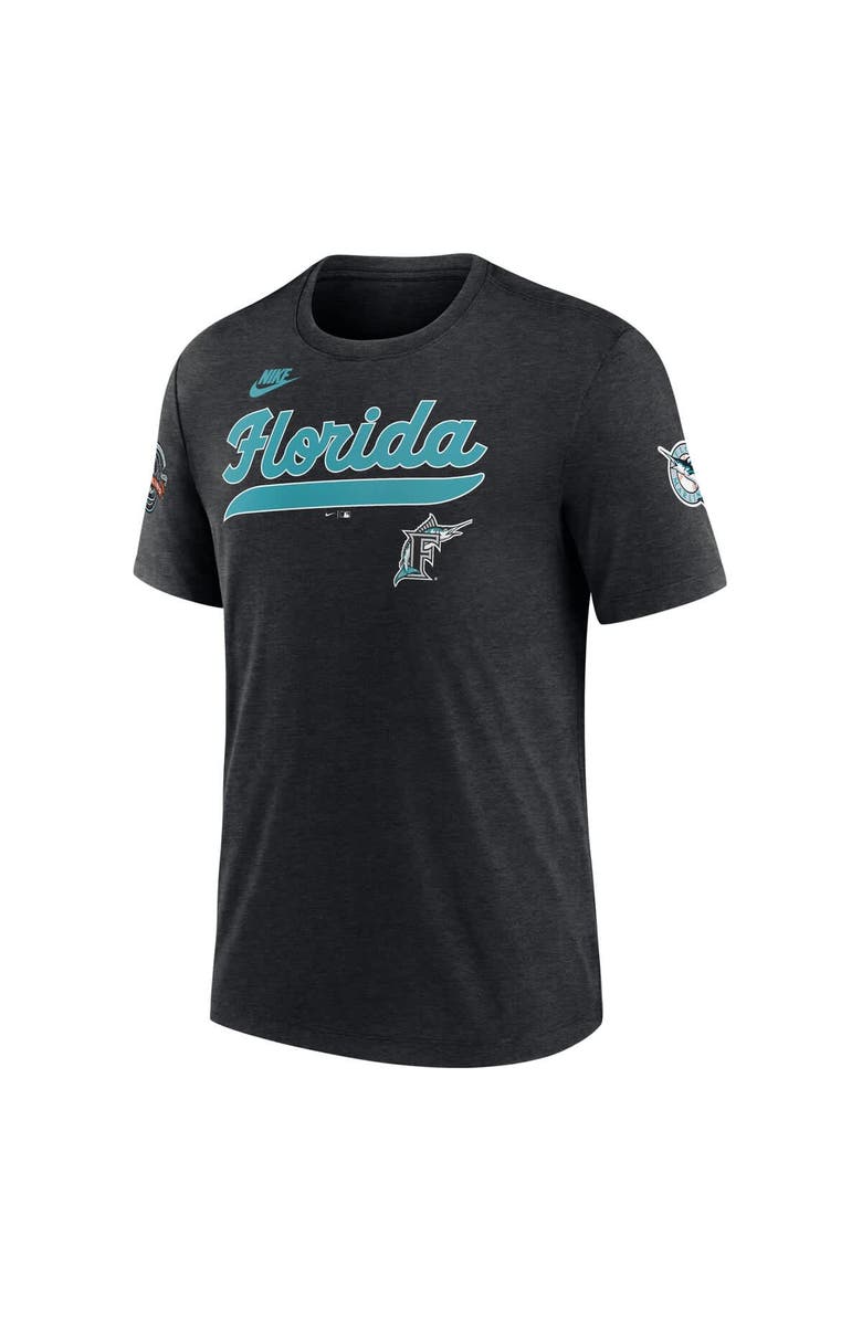 Nike Men's Nike Heather Black Florida Marlins Cooperstown Collection Eras Tri-Blend T-Shirt, Alternate, color, Heather Black