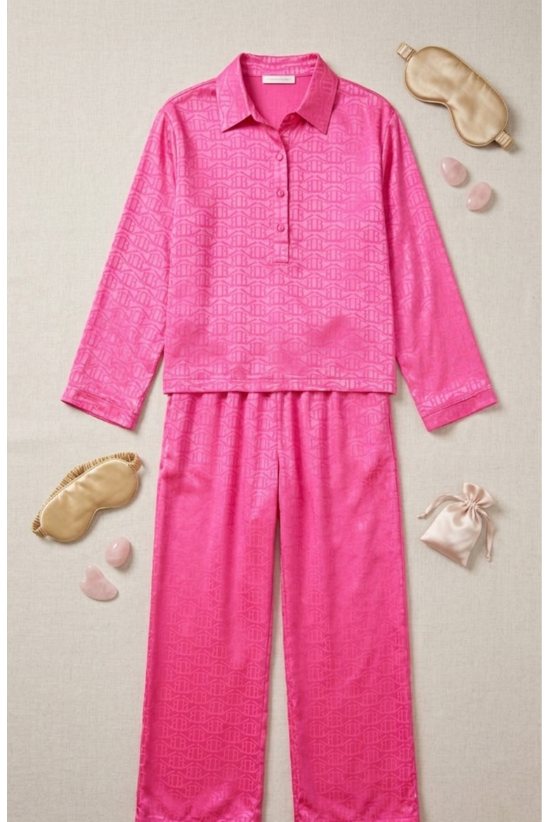 Silky Jacquard Satin Long Sleeve & wide Leg Pajama set, Alternate, color, Raspberry