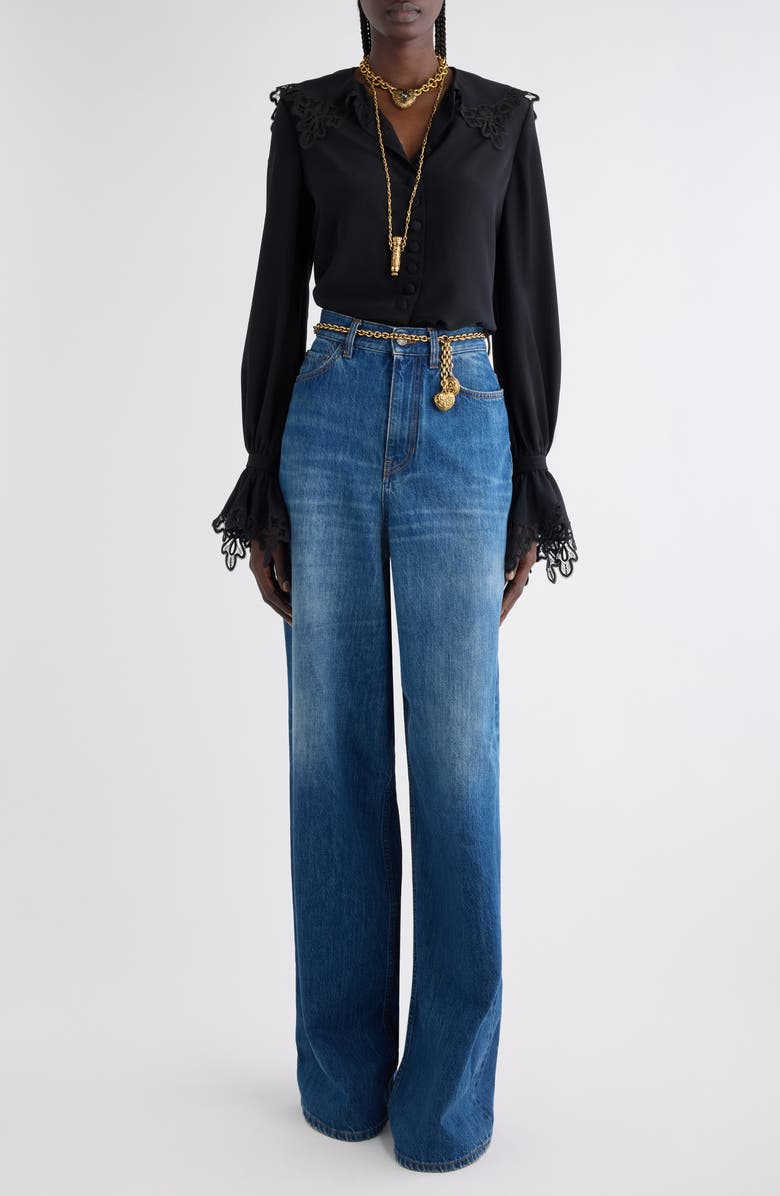 Chloé Guipure Lace Organic Silk Button-Up Top, Alternate, color, Black