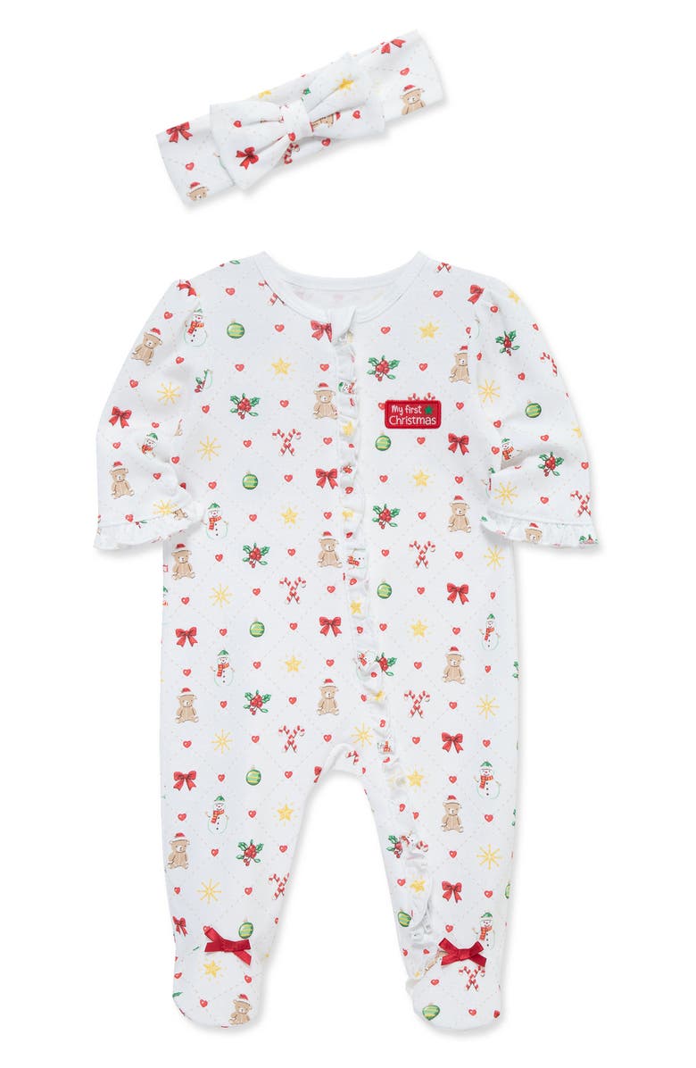 Little Me Festive Holiday Footie & Headband Set, Alternate, color, White Multi