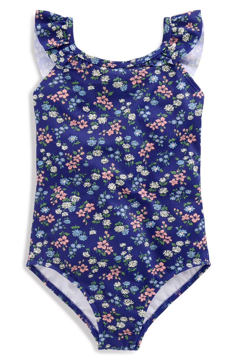 Mini Boden Kids' Hallie Frill Strap One-Piece Swimsuit, Main, color, Sapphire Blue Meadow Floral
