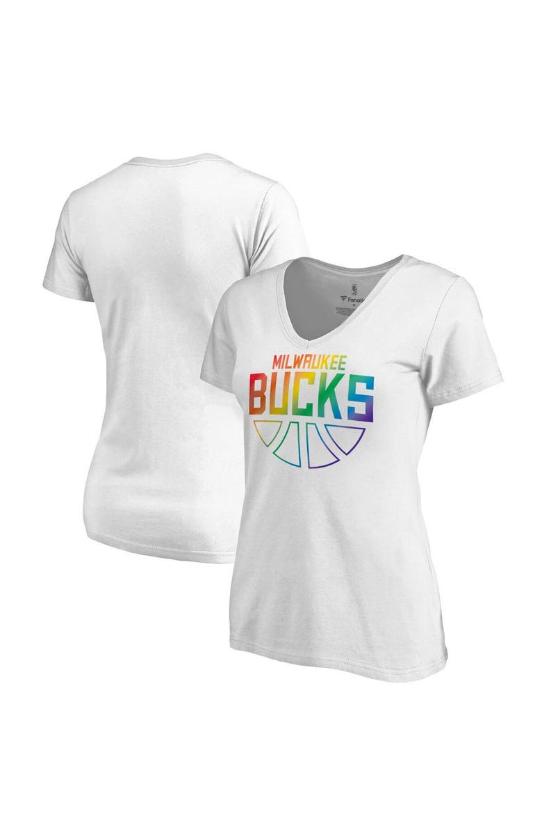 FANATICS Women's Fanatics Branded White Milwaukee Bucks Team Pride Wordmark V-Neck T-Shirt, Main, color, 