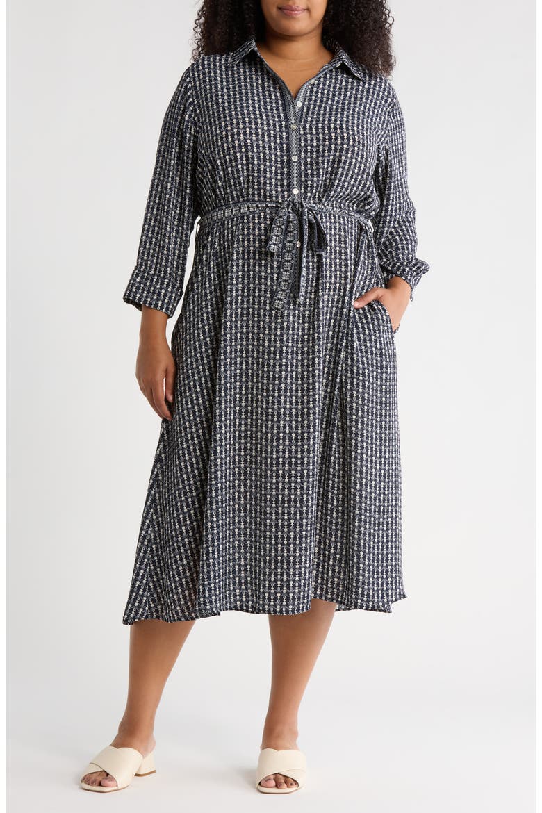 Tie Waist Long Sleeve Maxi Shirtdress, Main, color, NAVY BULB VINES