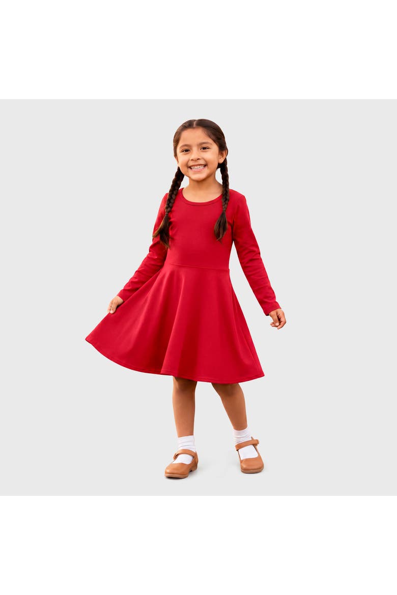 Girls Soft Jersey 100% Cotton Long Sleeve Skater Twirly Dress, Main, color, Candy Apple