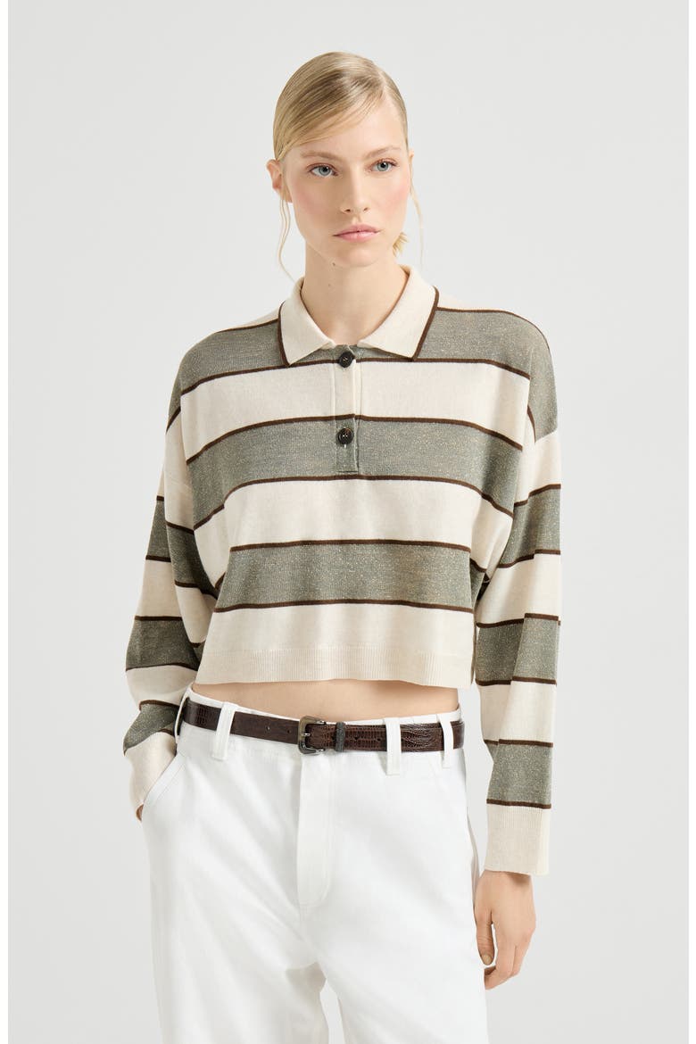 Cropped knit polo with sparkling stripes, Main, color, Sage