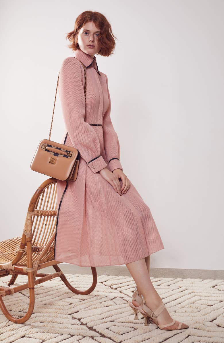 Fendi Pleated Long Sleeve Mesh Midi Shirtdress, Alternate, color,