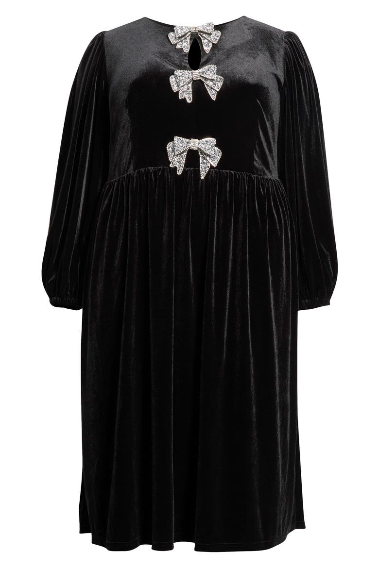 Jena Glow Bow Long Sleeve Velvet Midi Dress, Alternate, color, BLACK