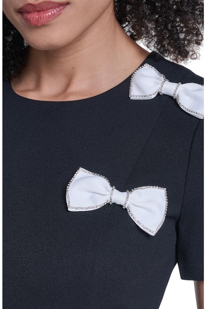 Scuba Rhinestone Bow Sheath Dress, Alternate, color, BLACK/ SOFT WHITE