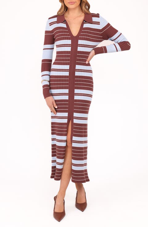 Eliana Stripe Long Sleeve Rib Maxi Dress