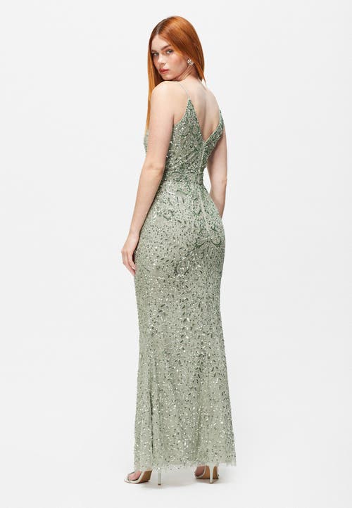 Beauut Embellished Sequin Beaded V Neck Dress In Sage Green