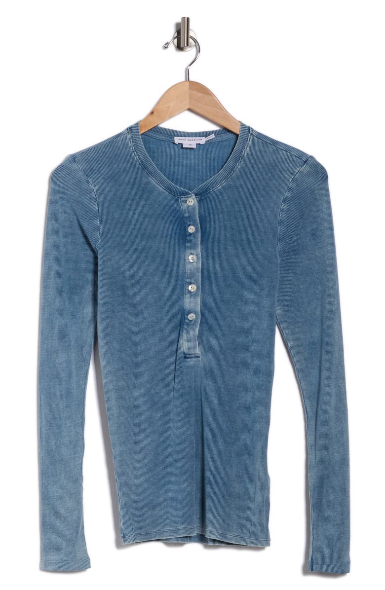 Good American Jeanius Fitted Henley Top, Alternate, color, Indigo586