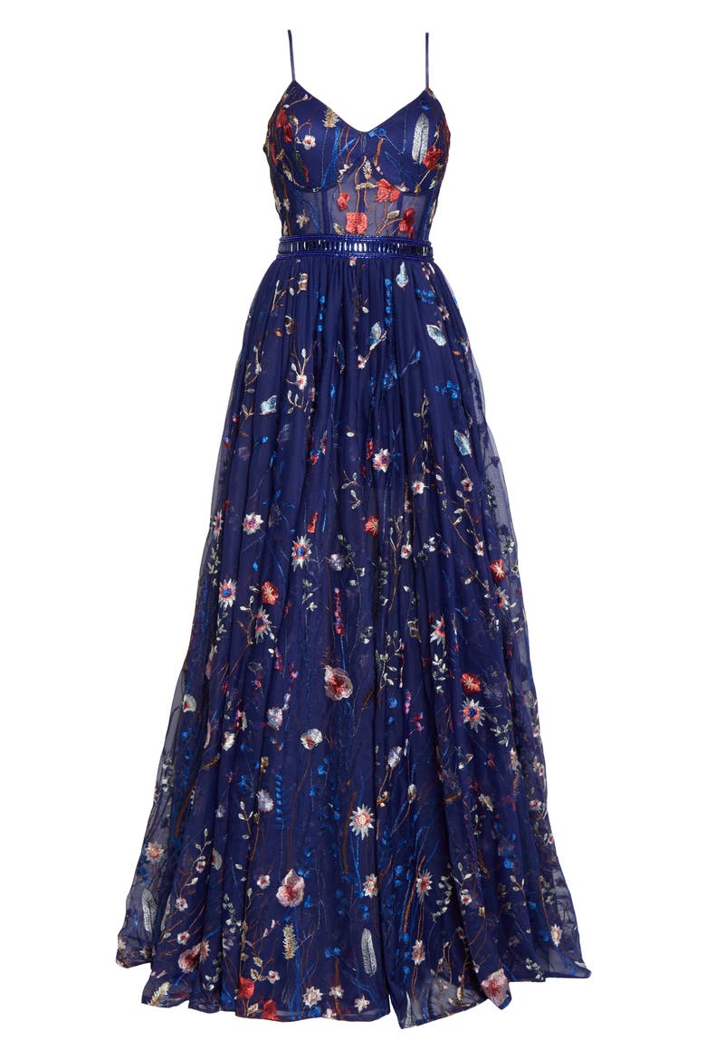 Embroidered Mesh Bustier Gown, Alternate, color, INDIGO