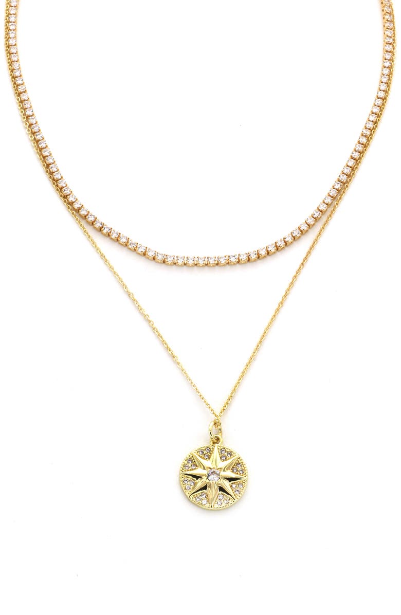 Panacea Cubic Zirconia Tennis Chain & Star Pendant Layered Necklace, Main, color, Gold