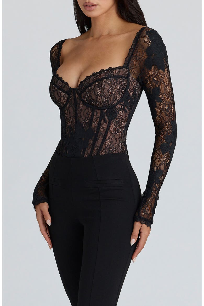 Aneira Long Sleeve Lace Corset Top, Alternate, color, BLACK