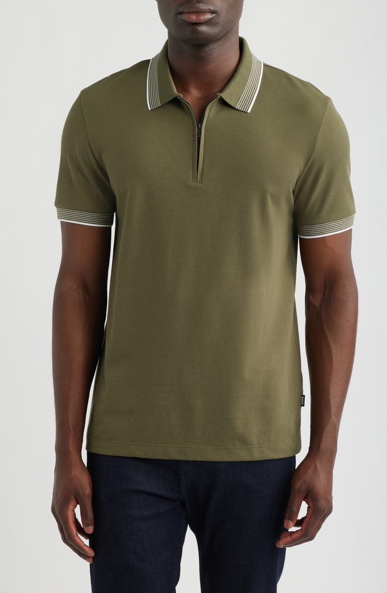 BOSS Paras Quarter Zip Cotton Polo, Main, color, Olive Green