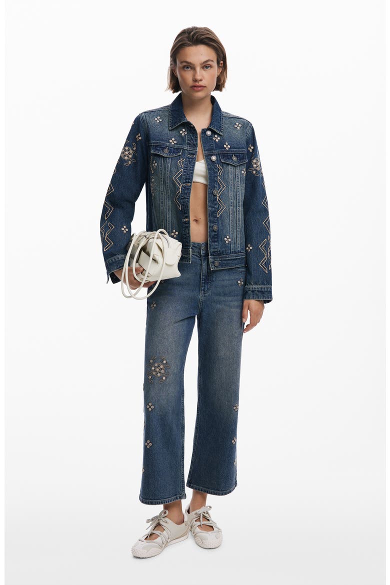 Metallic Embroidery Denim Trucker Jacket, Alternate, color, MEDIUM BLUE