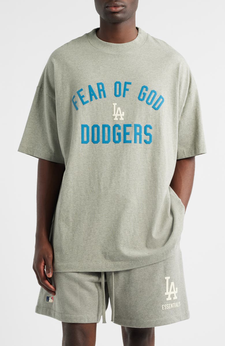 Fear of God Essentials MLB Dodgers '90s Fit Cotton Graphic T-Shirt, Main, color, Warm Heather