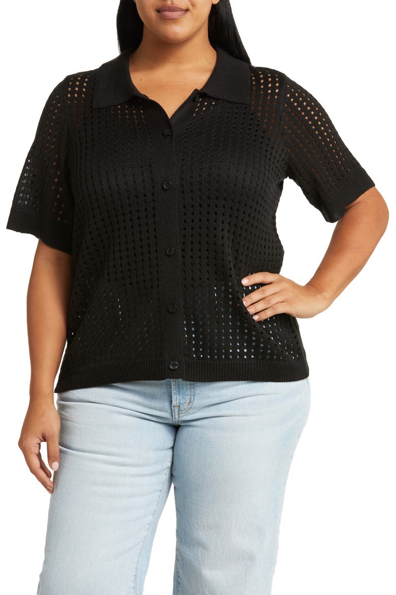 Zena Openwork Button-Up Shirt, Main, color, BLACK