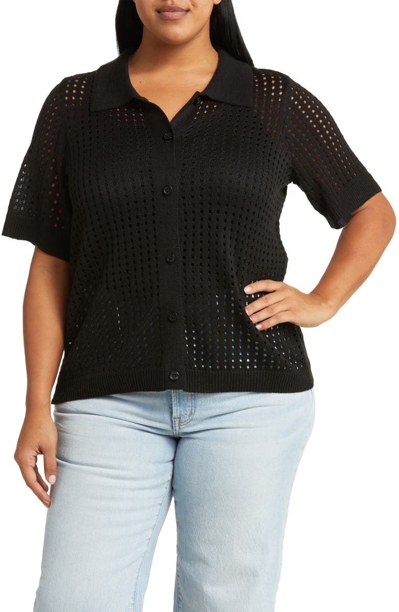 BY DESIGN Zena Openwork Button-Up Shirt, Main, color, Black