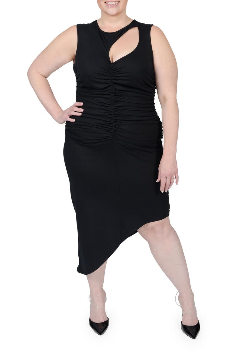 Sarah Cutout Asymmetric Shirred Dress, Main, color, BLACK