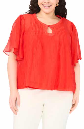 Keyhole Cutout Flutter Sleeve Crinkle Top