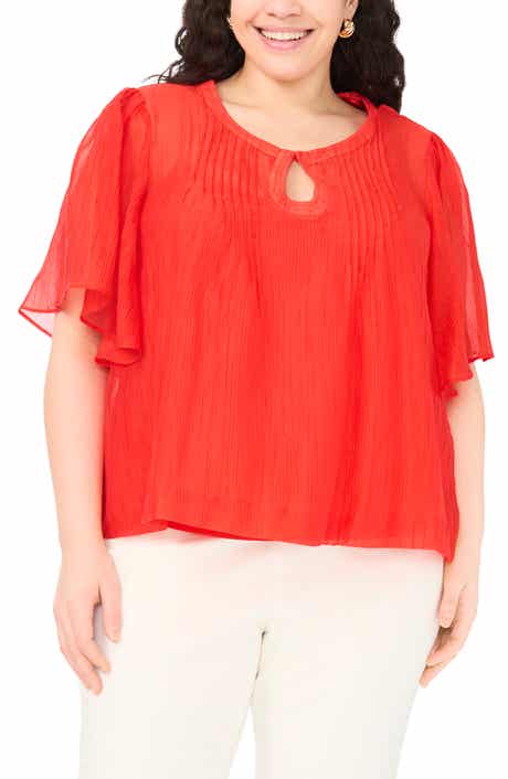 Keyhole Cutout Flutter Sleeve Crinkle Top