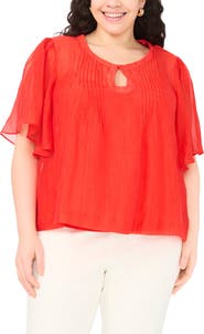 Vince Camuto Keyhole Cutout Flutter Sleeve Crinkle Top