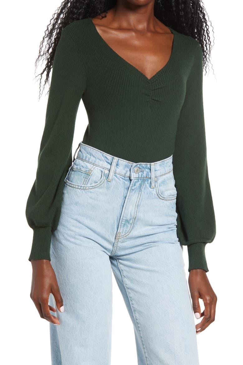 Rib V-Neck Gather Pullover, Main, color, FOREST GREEN